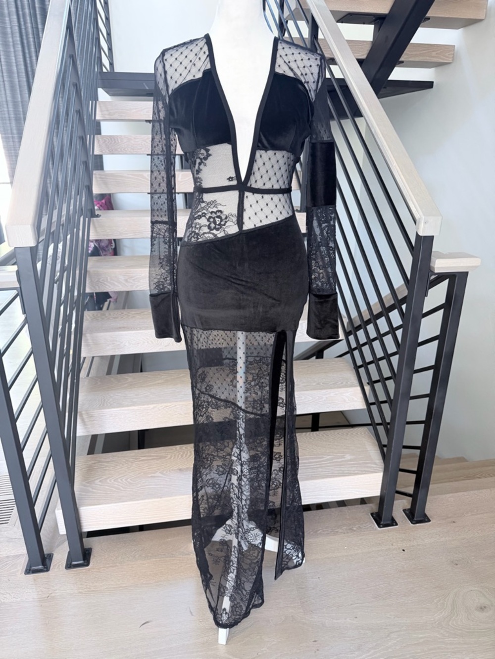 Sheer Panel Black Evening Maxi Dress with Deep V and Open back size XS - Picture 4 of 15